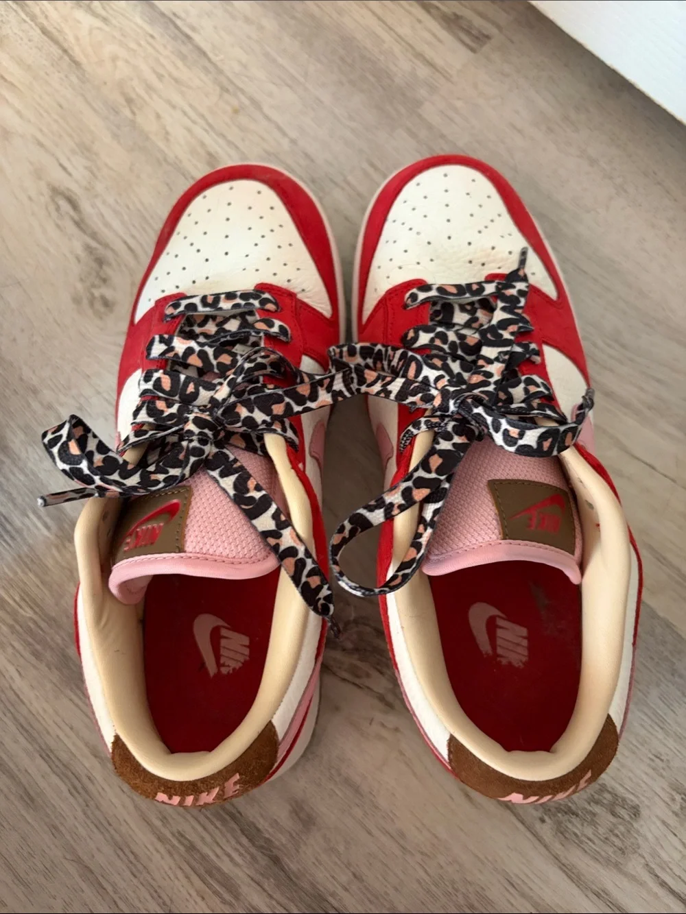 Nike Red, White and Pink Low-Top Sneakers with Leopard Laces